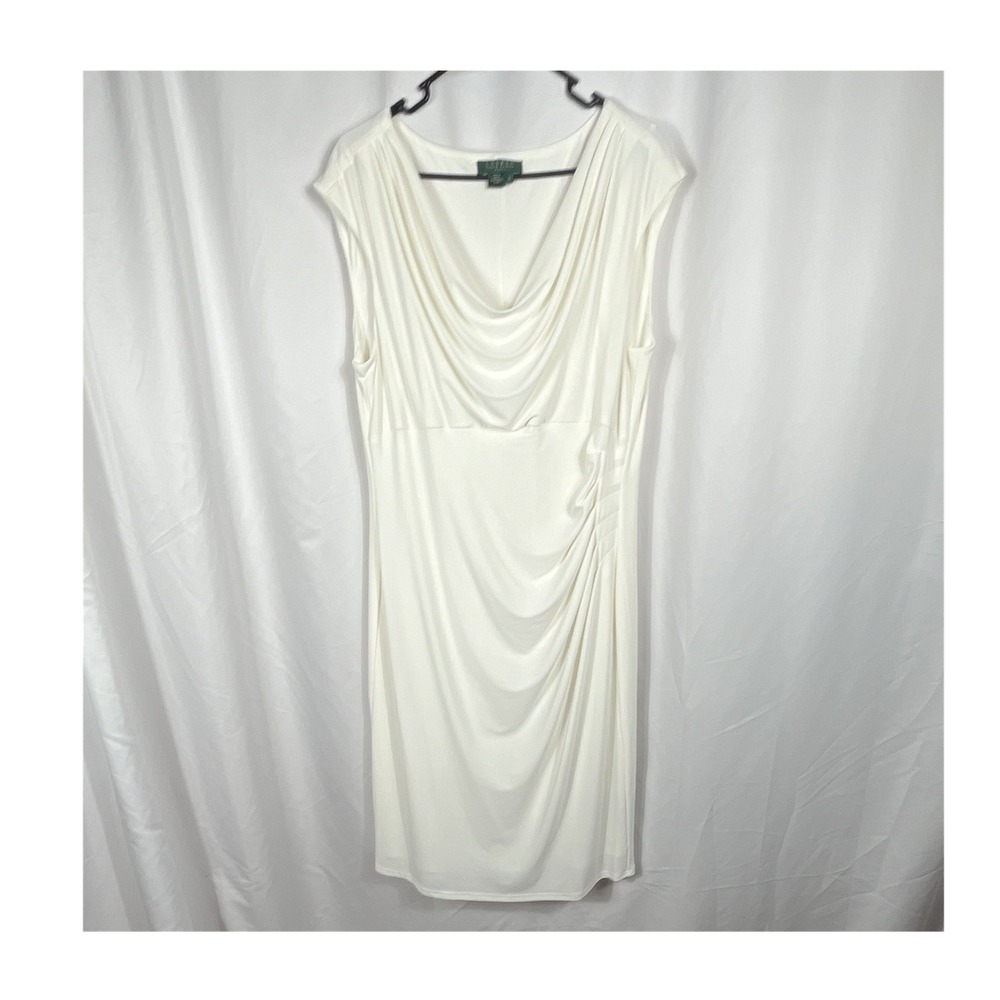 Lauren Ralph Lauren Size 18 Sheath Dress Ivory Sleeveless Cowl Neck Ruched